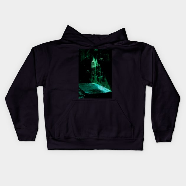 Special processing. Person walking at night, on dark street, with stone walls. Green. Kids Hoodie by 234TeeUser234